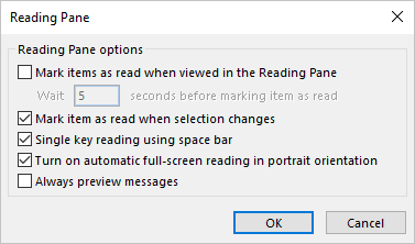Reading Pane options in Outlook 365