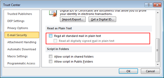 Read as plain text in Outlook 2010