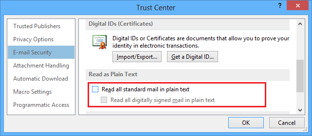 Read as plain text in Outlook 2013
