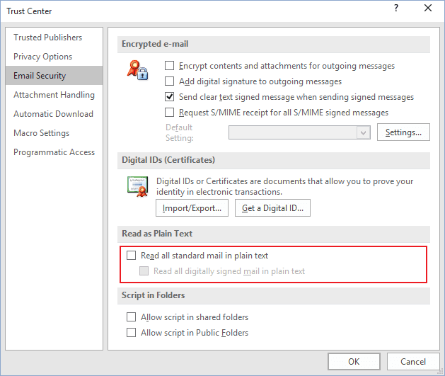 Read as plain text in Outlook 2016