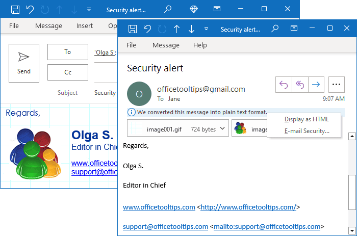 Read as plain text in the message 2 Outlook 365