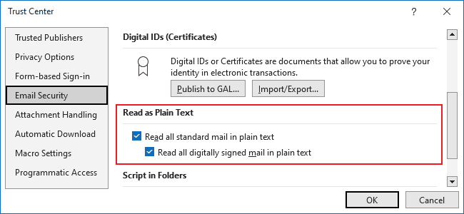 Read as plain text in Outlook 365