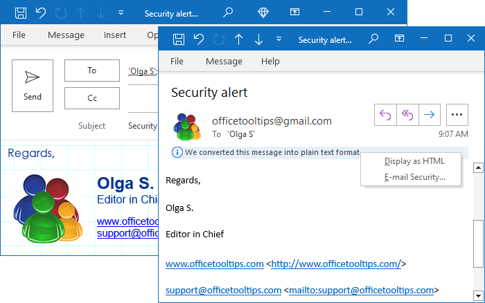 Read as plain text in the message Outlook 365