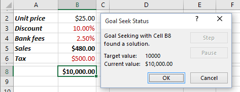 Goal Seek Status in Excel 2016