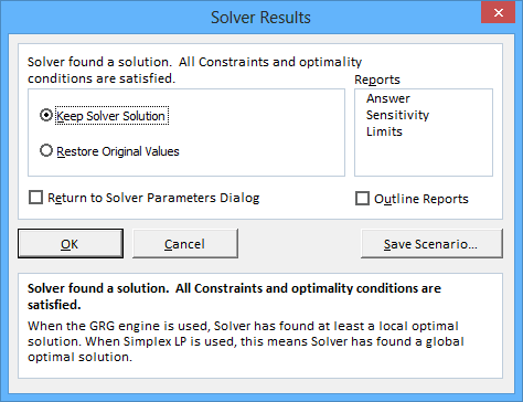 Solver Results in Excel 2013
