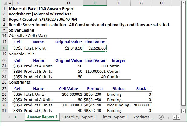 Solver Results in Excel 365
