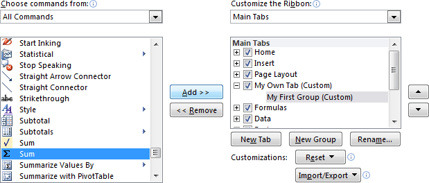 Add command in the group in Excel 2010