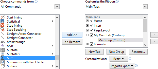 Add command in the group in Excel 2013