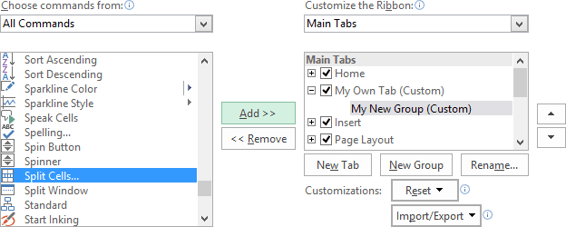 Add command in the group in Excel 2016