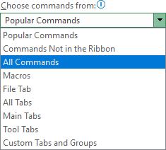 All commands in Customize Ribbon Excel 365