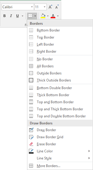Border style list in Excel 2016