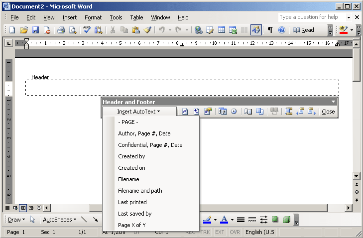 header in Word 2003
