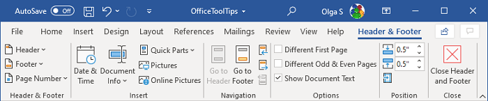 Header and Footer tab in Word 365