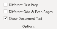 Options group in the Header and Footer tab in Word 365