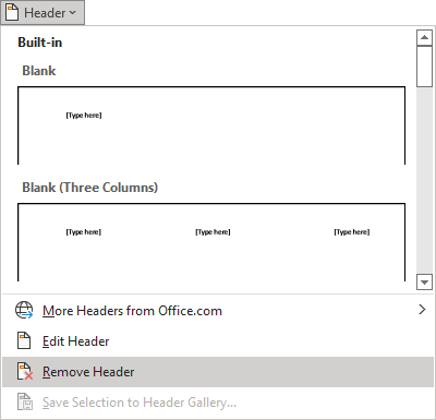 Remove Header in the Header and Footer tab in Word 365
