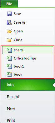 Recent workbooks in Excel 2010