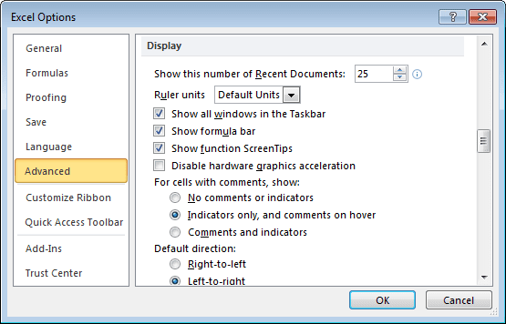Advanced Excel 2010 Options