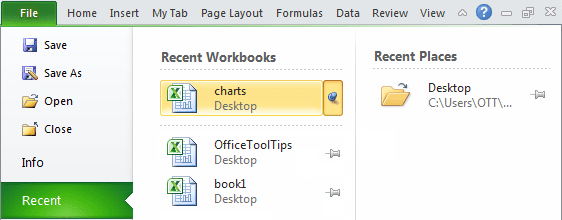 Pin the workbook in Excel 2010