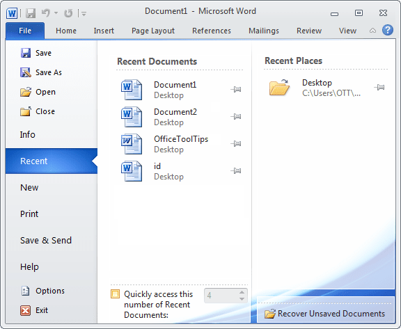 File Recent documents in Word 2010