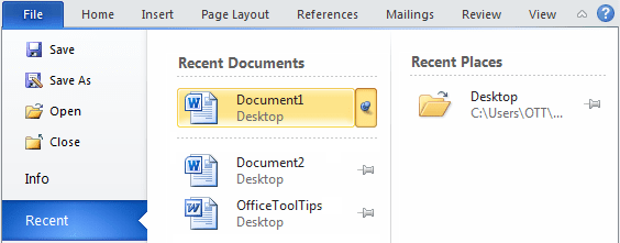 Pin the document in Word 2010