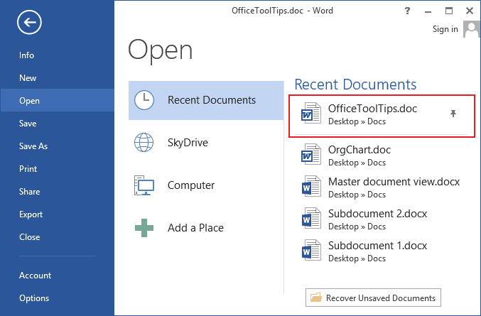 Pin the document in Word 2013