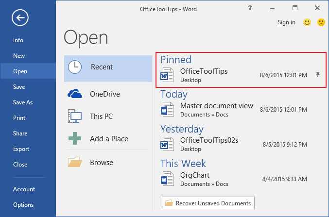 Pin the document in Word 2016