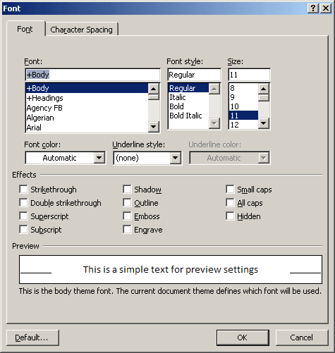 Font in Word 2003