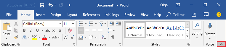 Minimize Ribbon button Word 2016