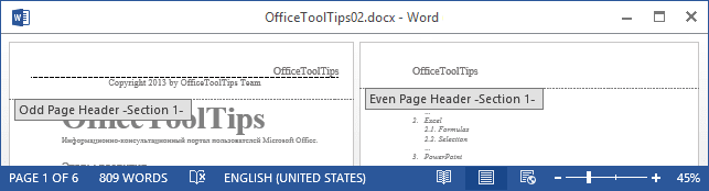 Example of different headers and footers on odd and even pages Word 2013