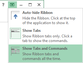 Ribbon displays options Excel 2013