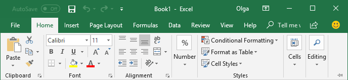 Display Minimized Ribbon Excel 2016