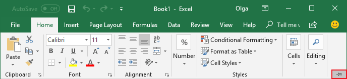Expand Minimized Ribbon button Excel 2016
