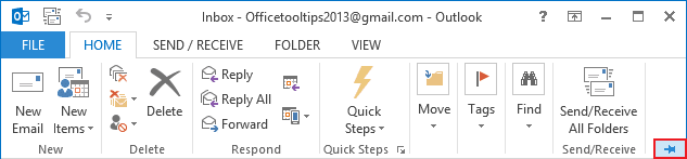 Expand Minimized Ribbon button Outlook 2013