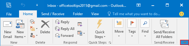 Expand Minimized Ribbon button Outlook 2016