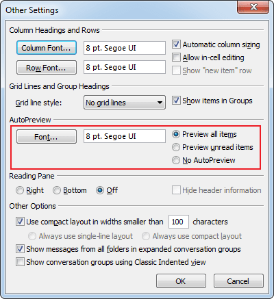 Advanced View Settings Preview in Outlook 2010