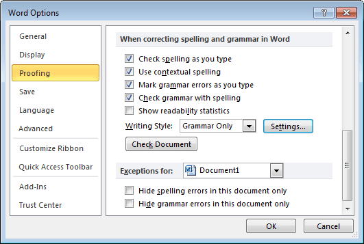 Proofing tab in Word 2010