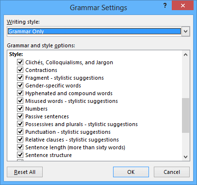 Grammar and Style item in Word 2013