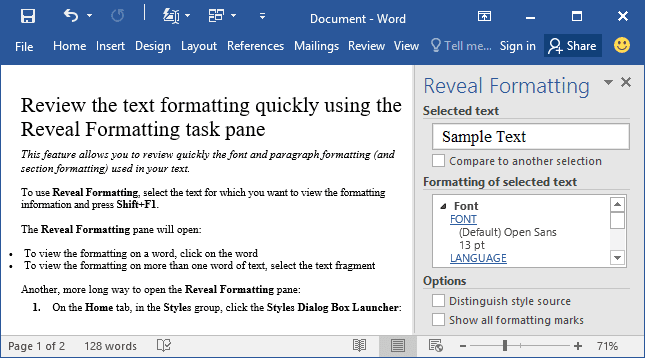 Reveral pane in Word 2016