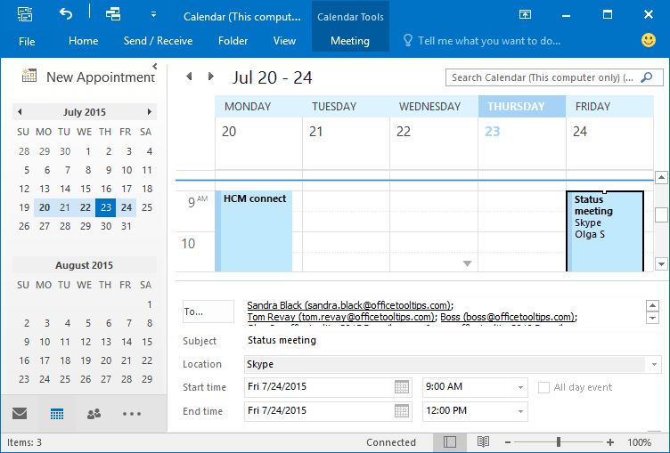 Calendar's Reading Pane in Outlook 2016