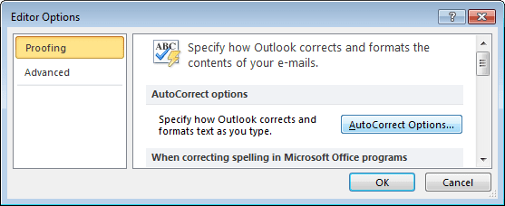Editor Options Outlook 2010