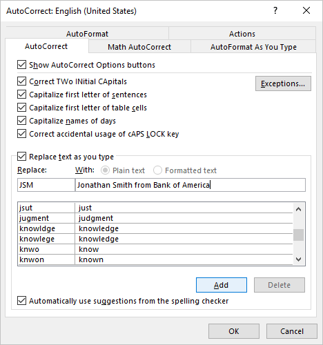 AutoCorrect options in Outlook 365