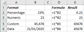 Cells number formats in Excel 365
