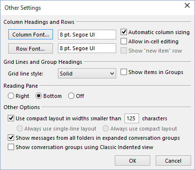 Other Settings in Outlook 2016