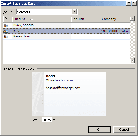 Insert Business Card in Outlook 2007