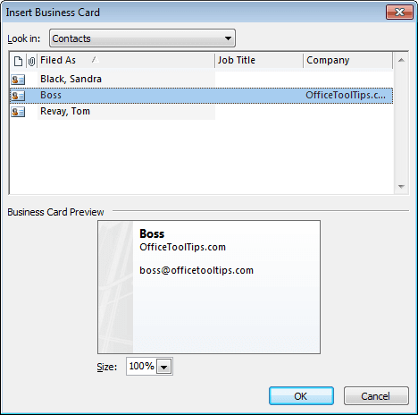 Insert Business Card in Outlook 2010