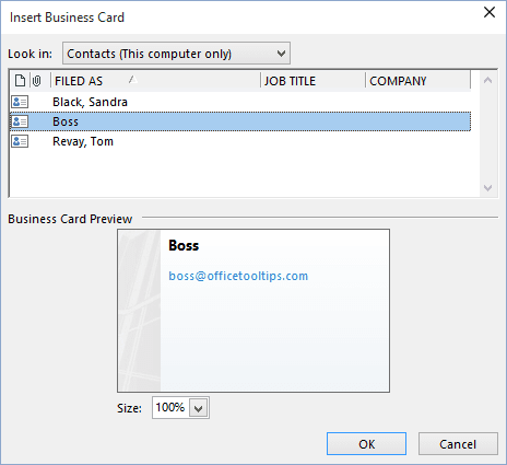 Insert Business Card in Outlook 2016
