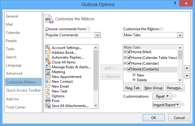 Customize the Ribbon in Outlook 2013
