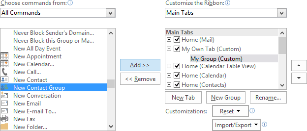 Add command in the group in Outlook 2016