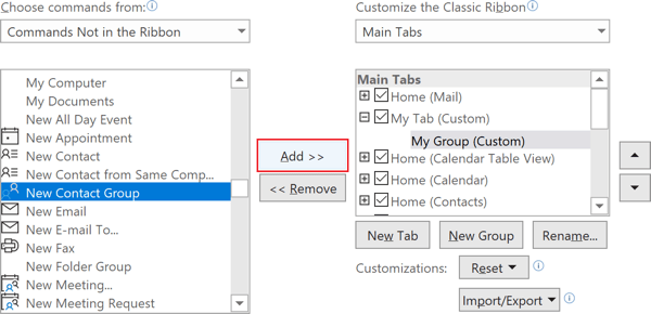Add command in the group in Outlook 365