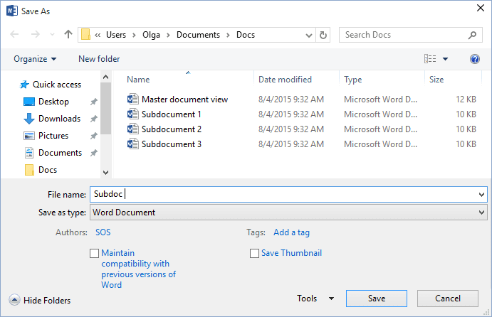 Save As in Word 2016